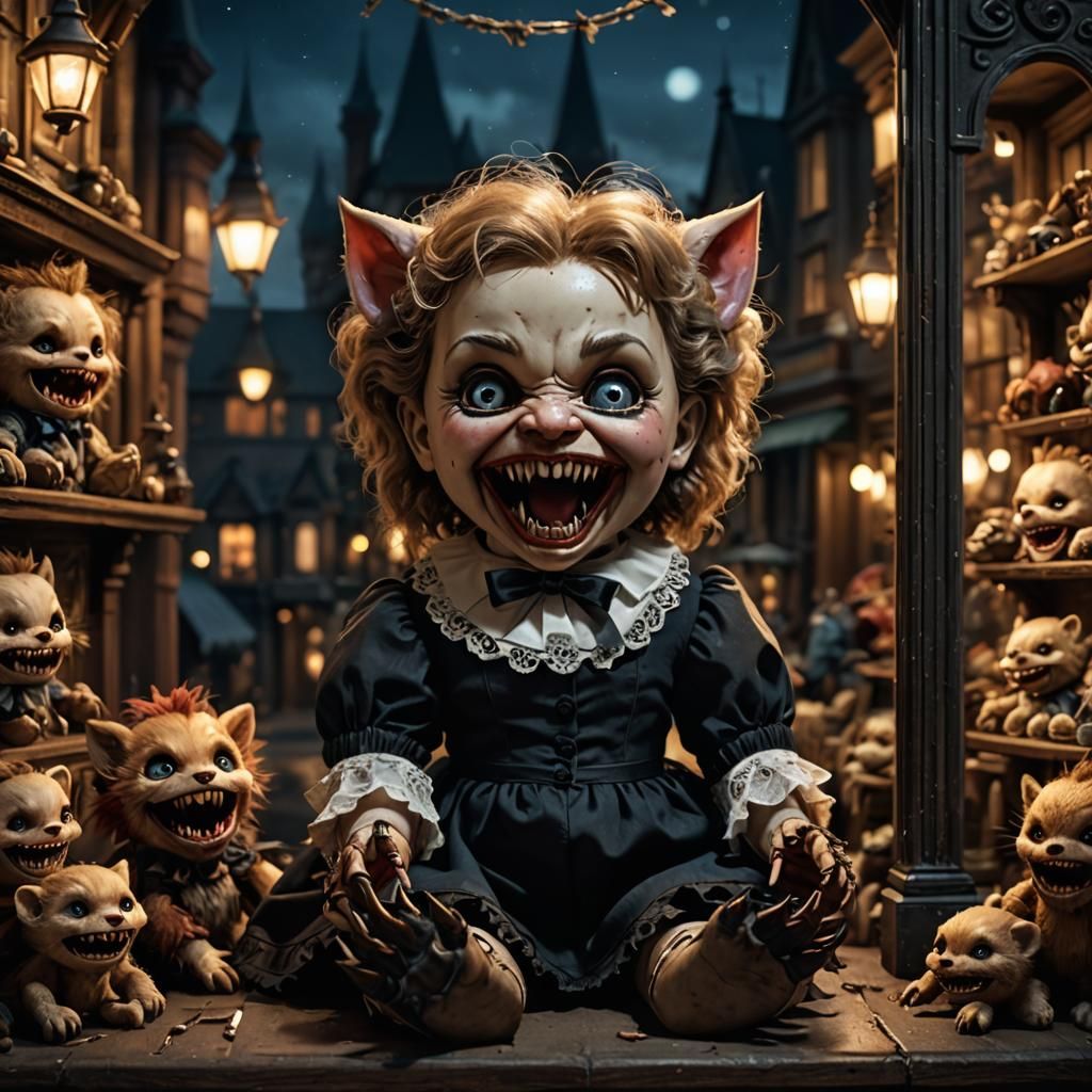 Cuddly, Dark Victorian Doll in Toyshop Window