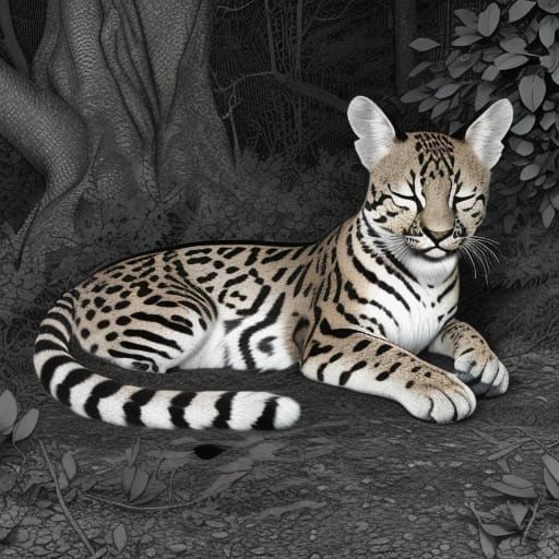 B&W line art drawing, crosshatching, shading, ocelot sleeping in a clearing in a Texas thorn forest. 3D shading