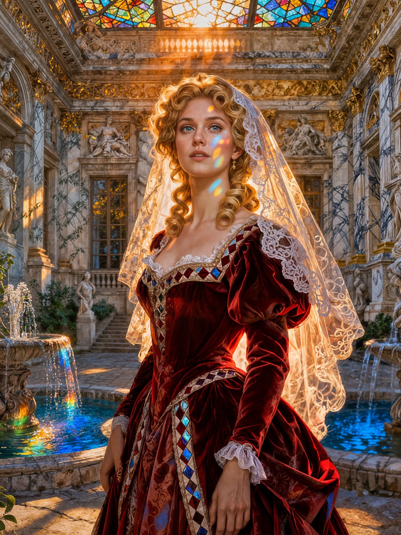 Baroque Lady Portrait in Sunset Stained Glass Light
