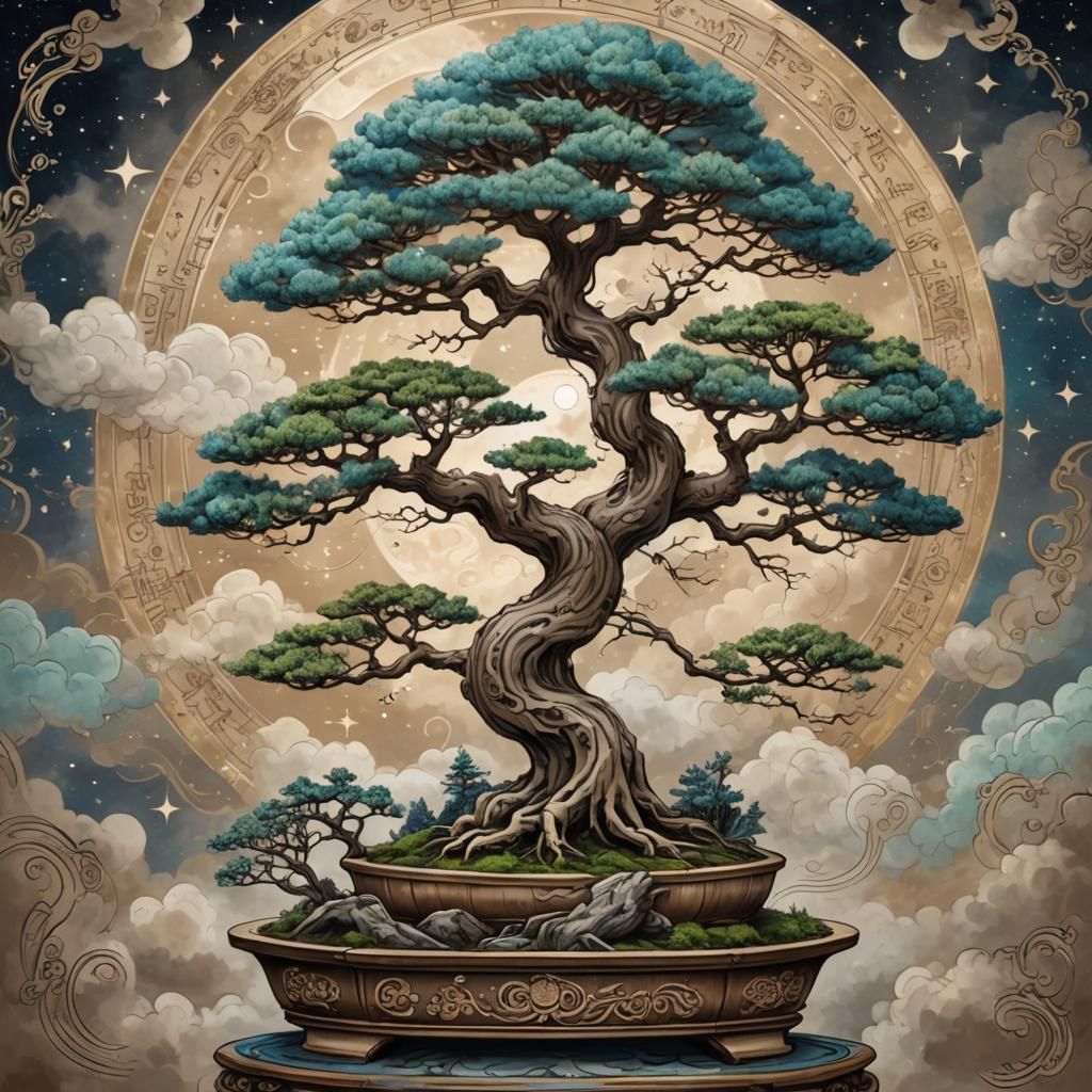 Bonsai Cloud Tree Oil Painting on Manuscript