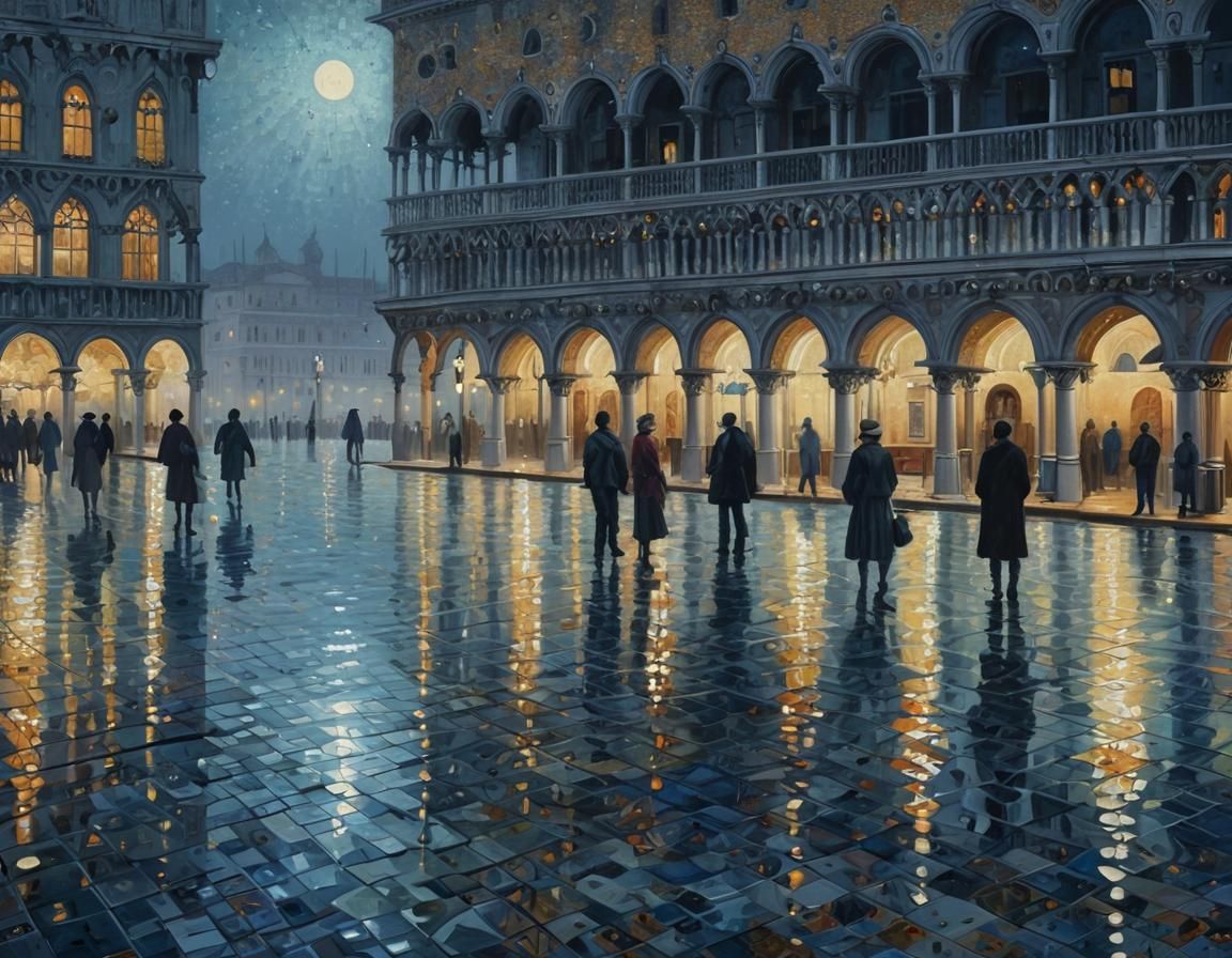 Flooded St. Mark's Square in Pointillist Moonlight