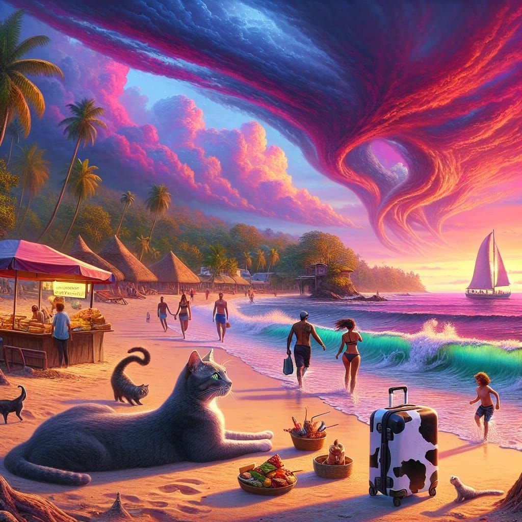 Dominican Republic Sunset Beach With Gray Cat