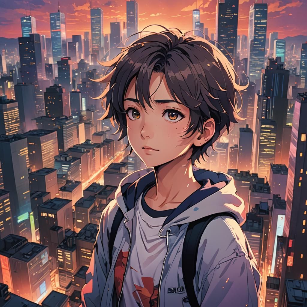 Anime Girl in Cityscape at Sunset