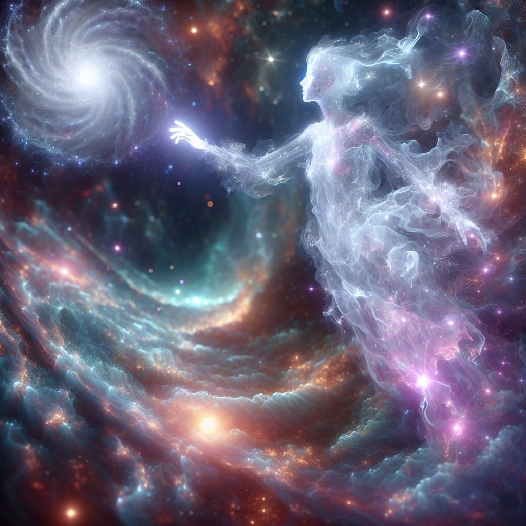 Ethereal Woman Made of Shimmering Gas Reaching for Star
