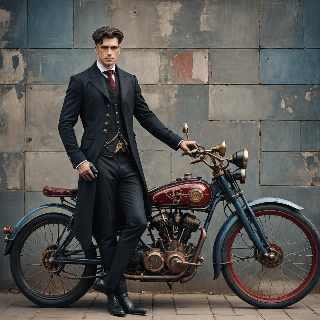 Steampunk Man in Black Suit with Motorcycle