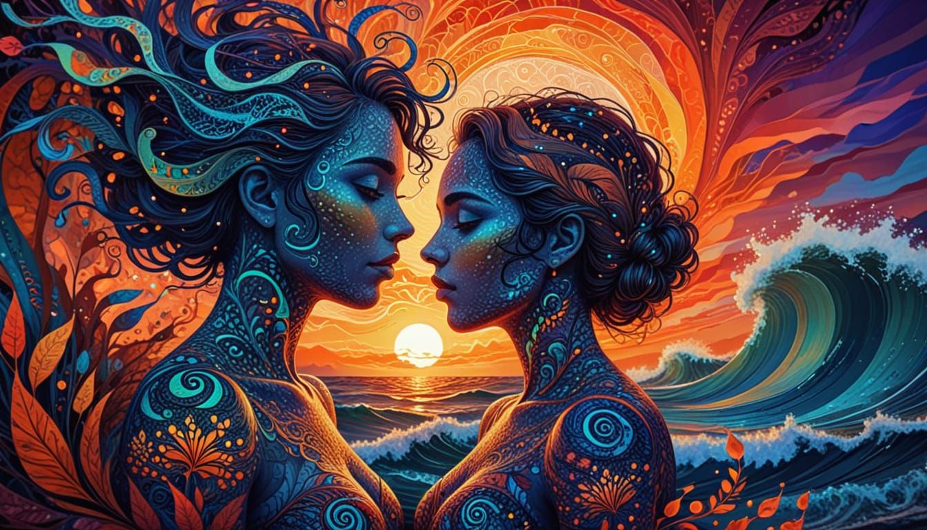 Woman and Girl at Sunset in Art Brut Style