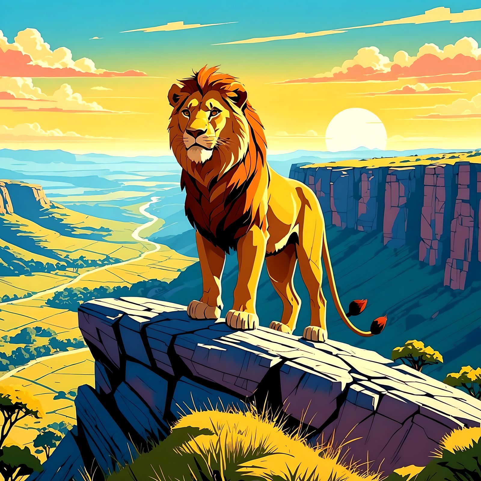 Lion Cub Overlooking Savannah in Pop Art Style