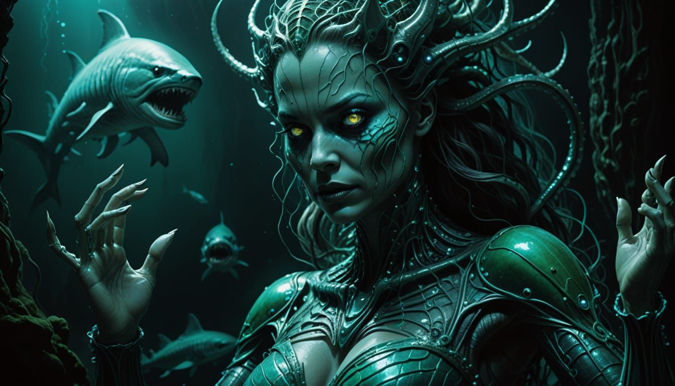 Grotesque Mermaid Rises from Dark Waters in Cyberpunk Horror...