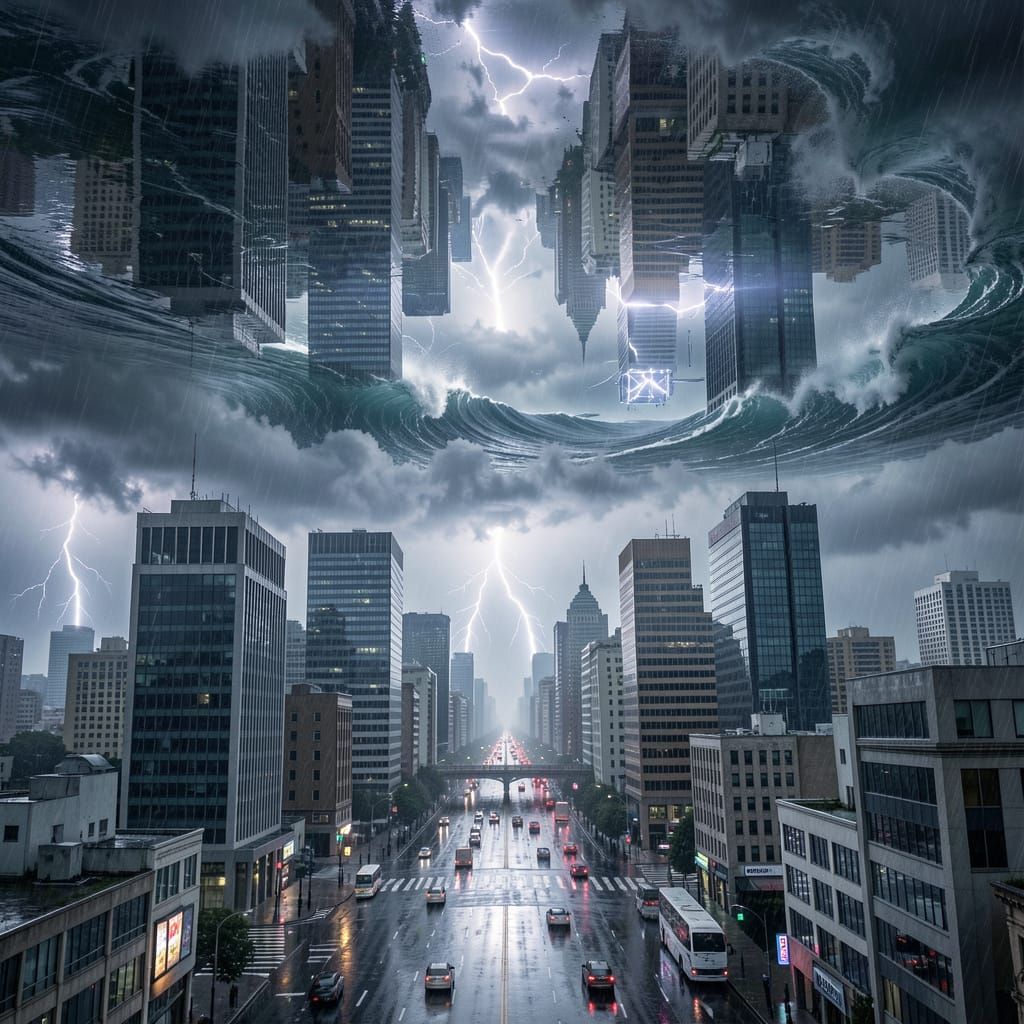 Cityscape Under Turbulent Sky-Ocean Reflection