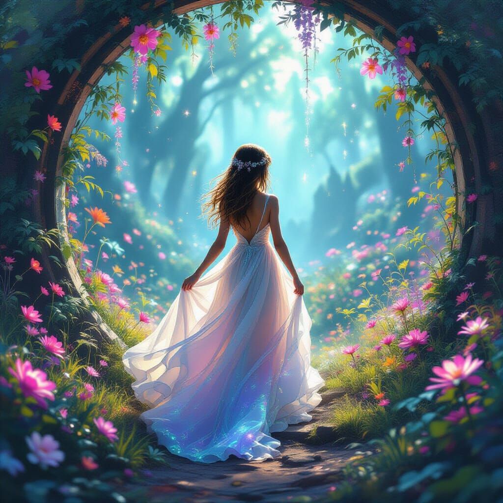 Girl Enters Mystical Realm with Ethereal Flora and Fauna