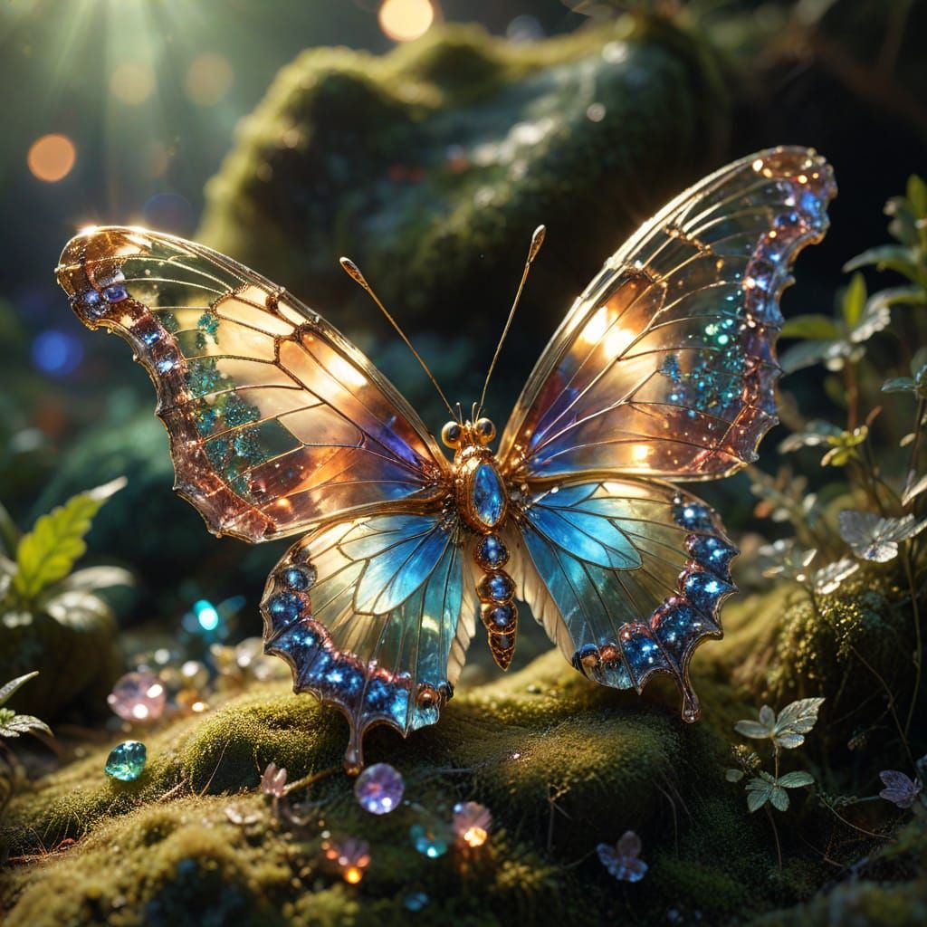 Crystal Gemstone Butterfly on Mossy Rock