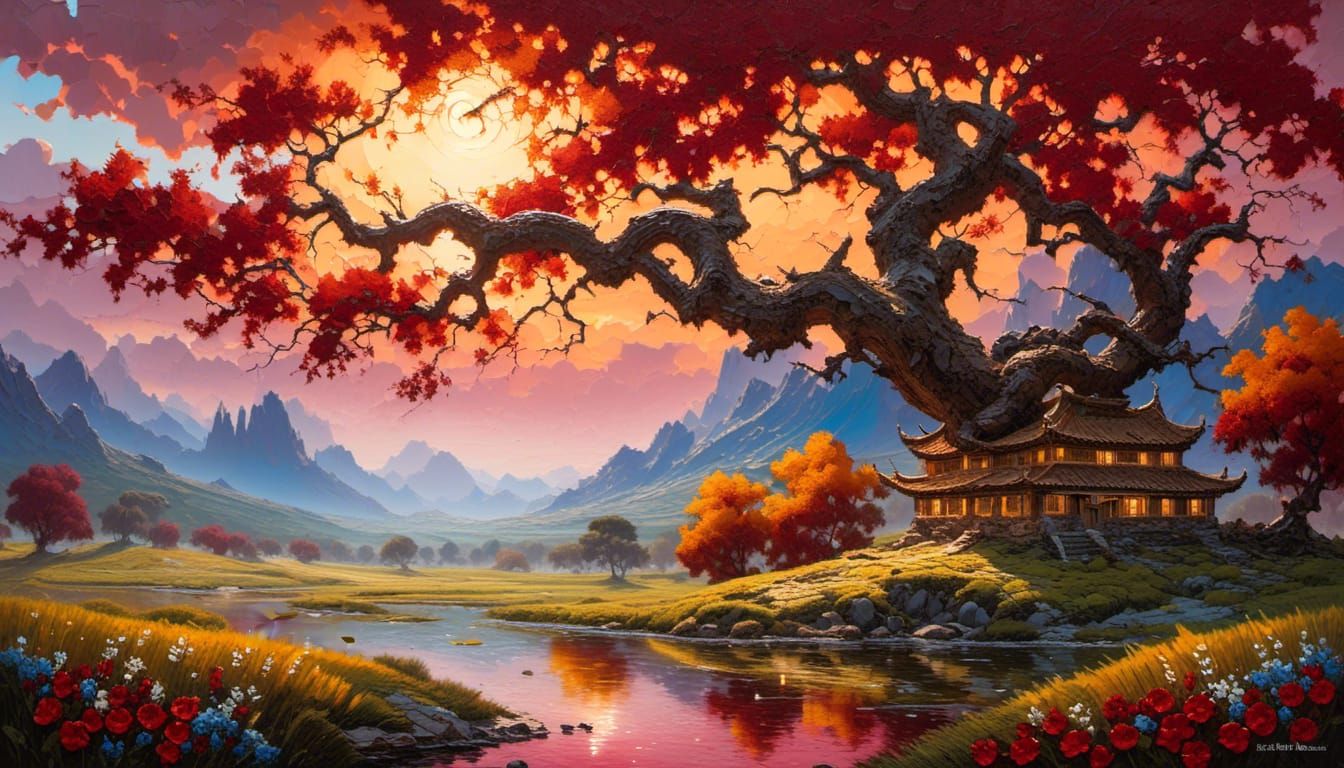 Knarled Cherry Tree Sunset: Fantasy Art Award Winner