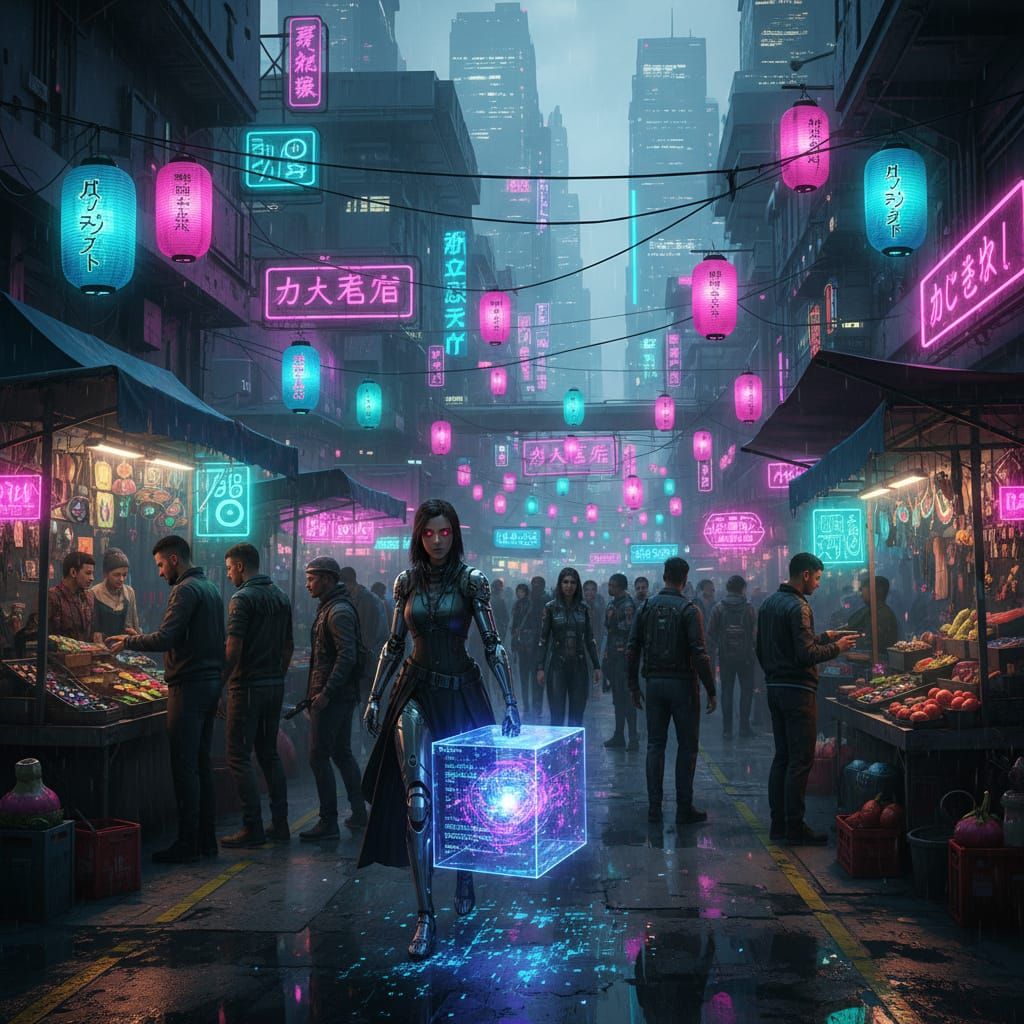 Cyberpunk Street Market at Night: Digital Art