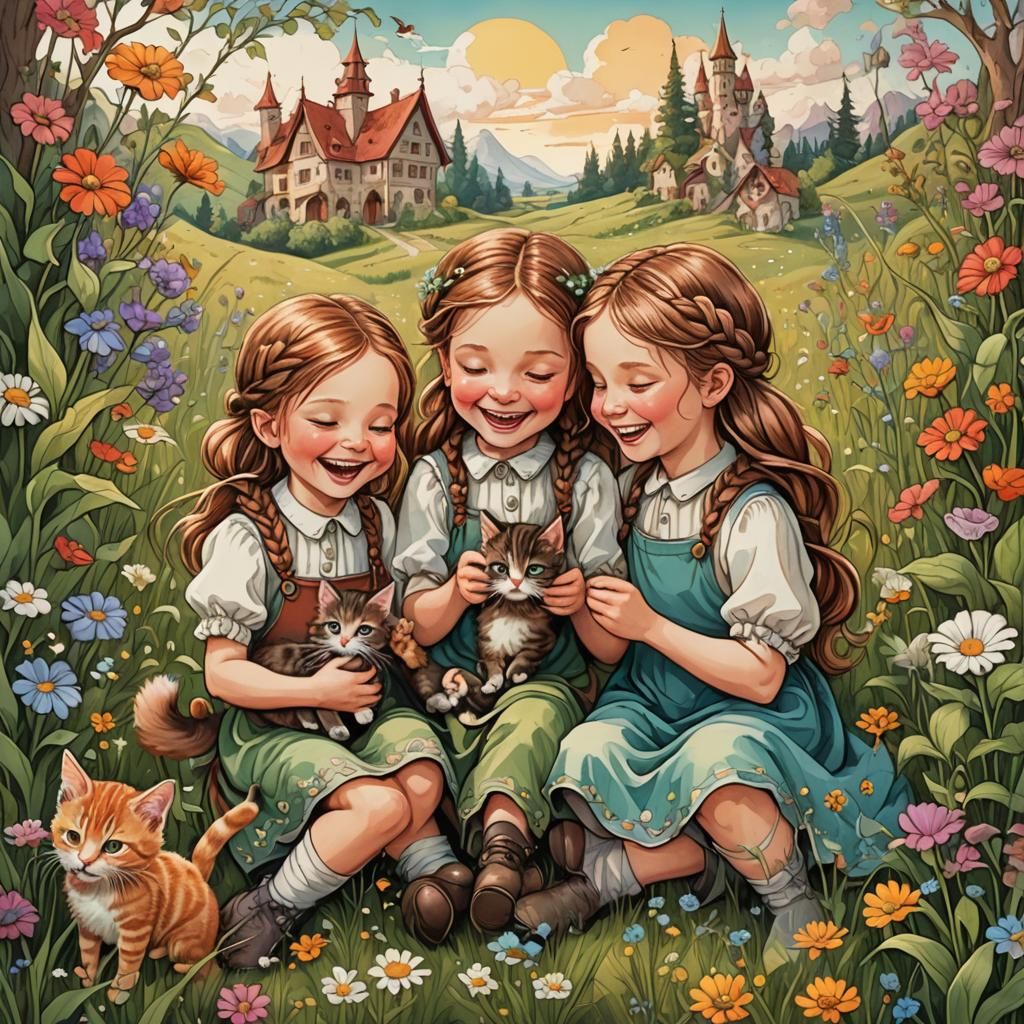 Girls with Kittens in Whimsical Fairy-Tale Landscape