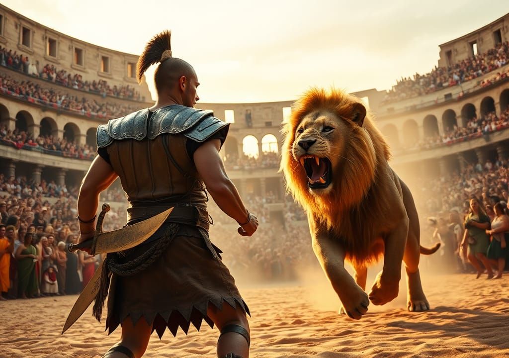Gladiator's Stand: Lion's Charge in the Colosseum