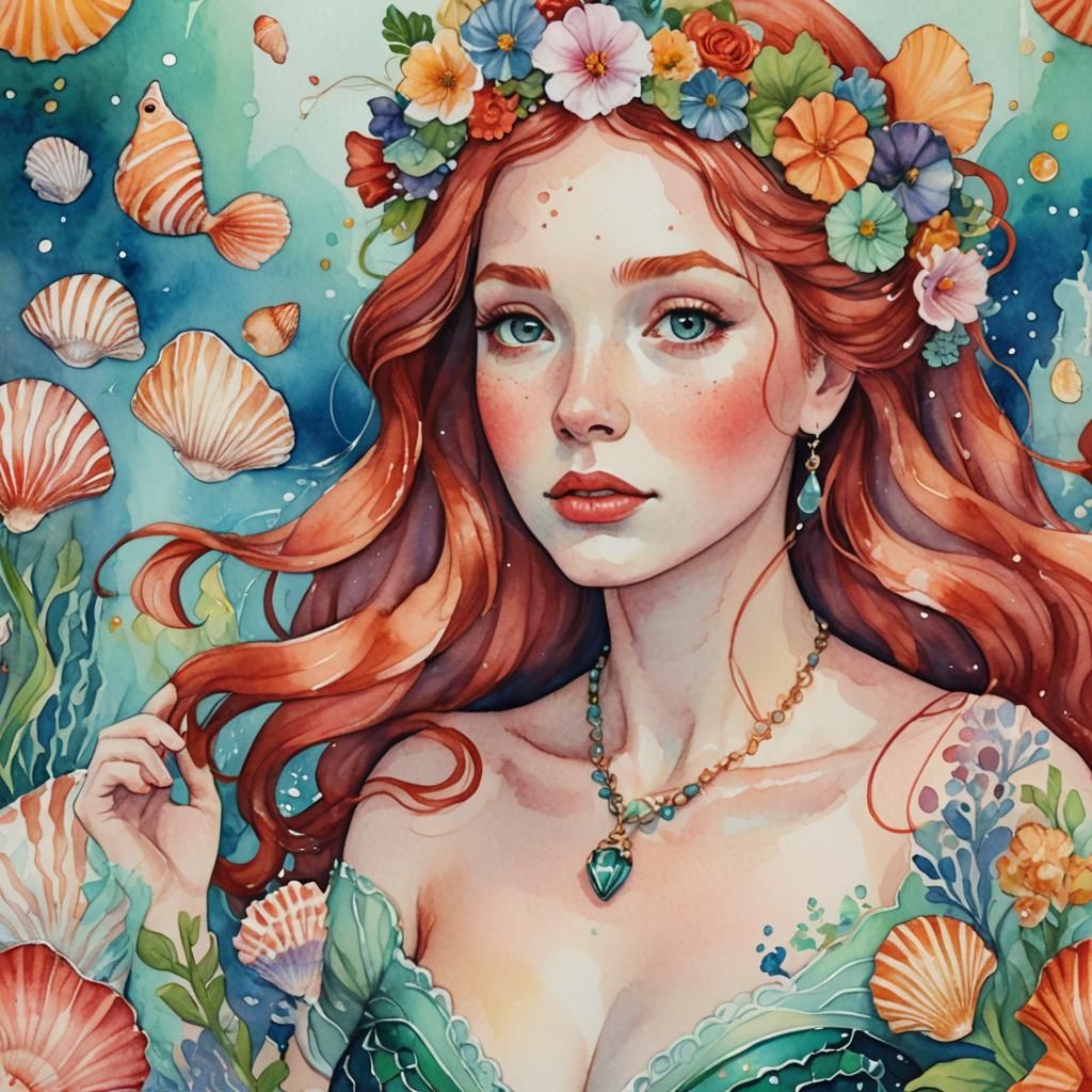 Ariel in Folk Art Style with Flower Crown
