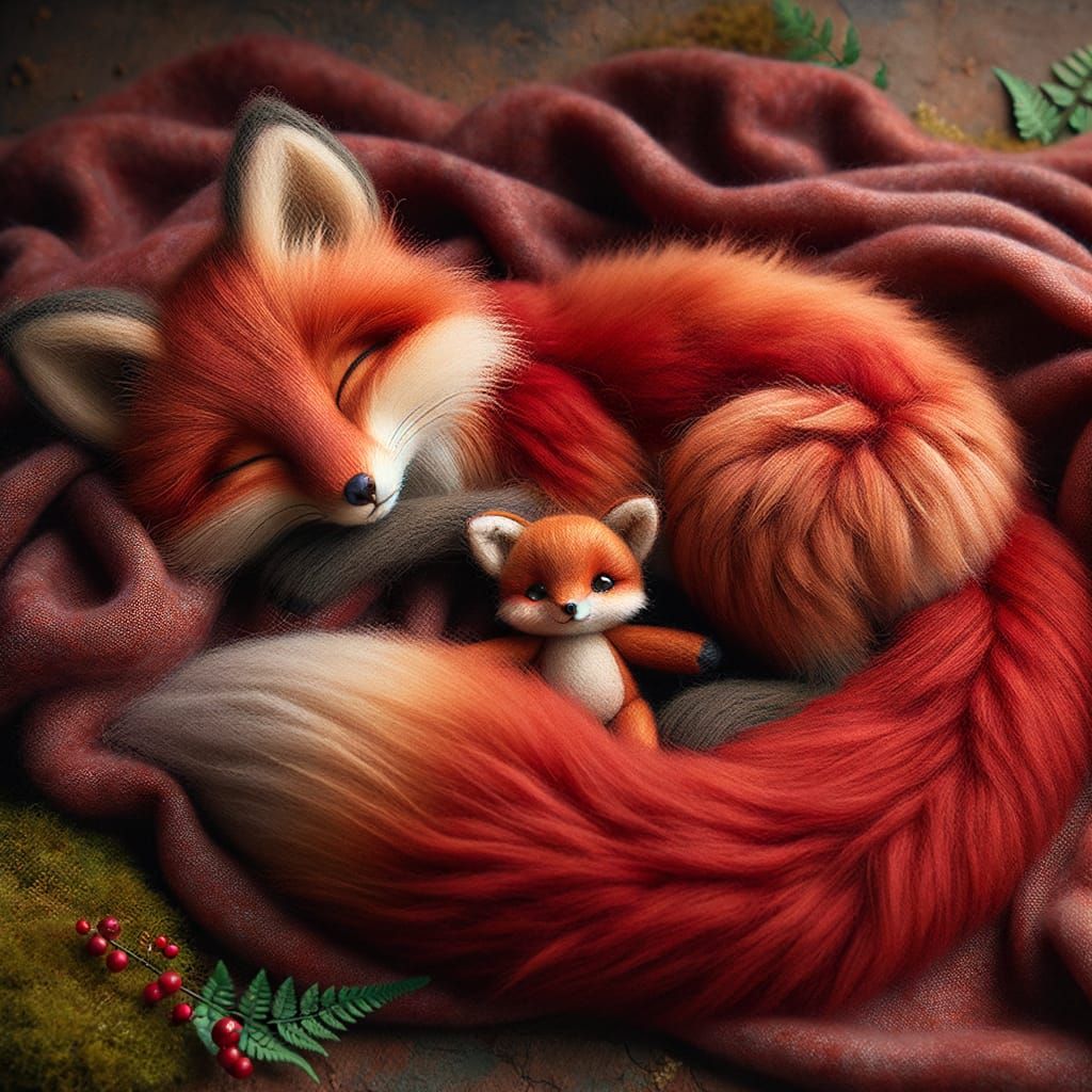 Sleeping Fox with Doll on Blanket