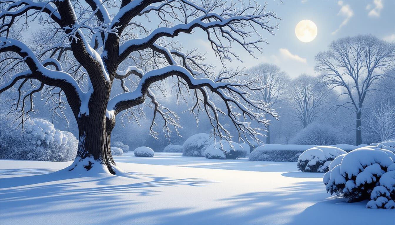 Moonlit Winter Garden with Ancient Oak Tree