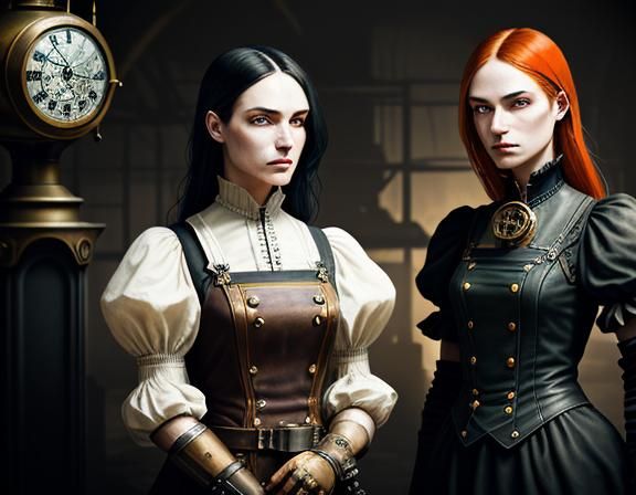 Steampunk Twins in Time Machine: Dark Fantasy Art