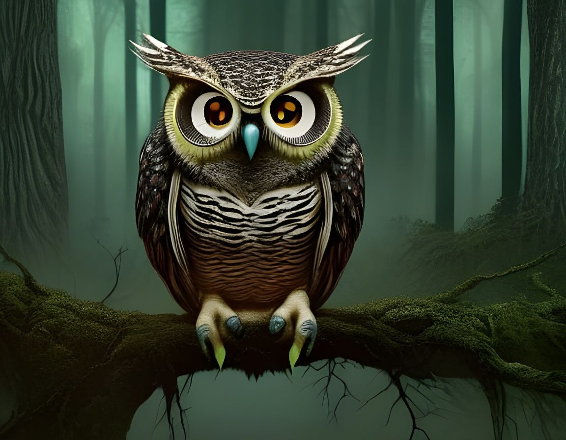 Terrifying Owl in Dark Forest, Detailed Digital Art