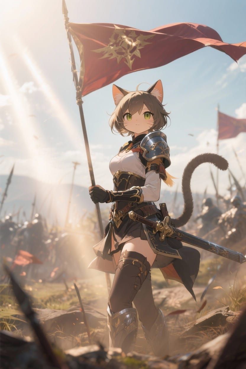 Cute Catgirl Warrior with Flag on Battlefield