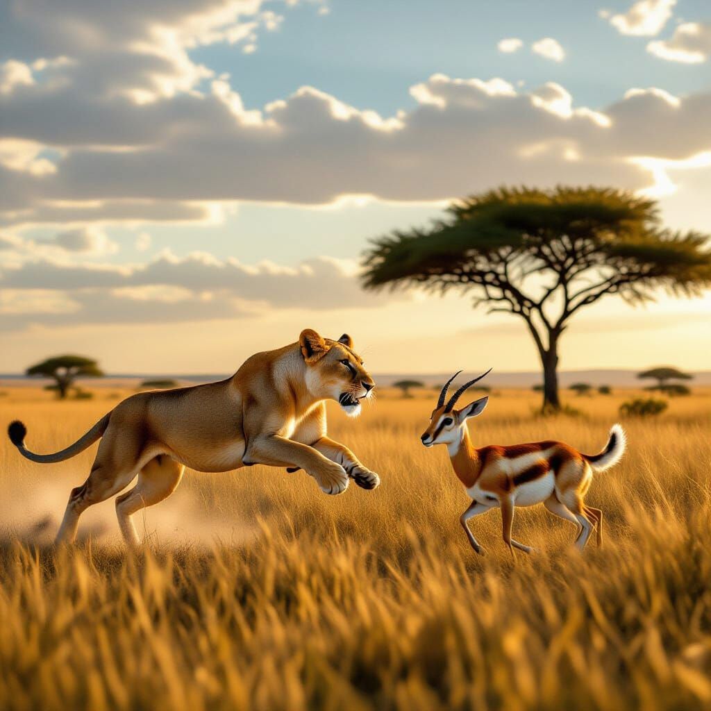 Lioness Pounces on Gazelle in Golden Savanna