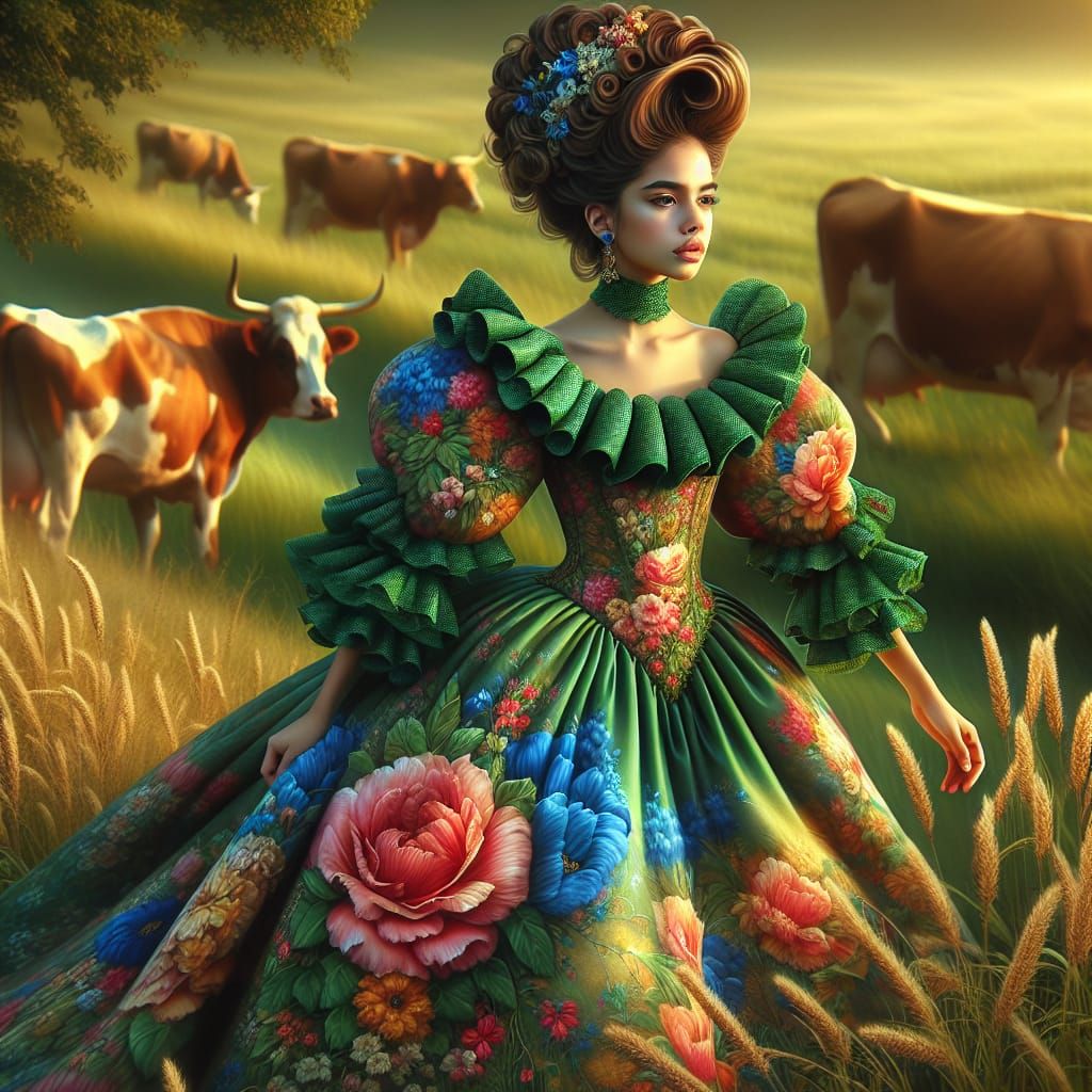 Fantasy Image: Girl in Floral Dress with Wheat Hairstyle