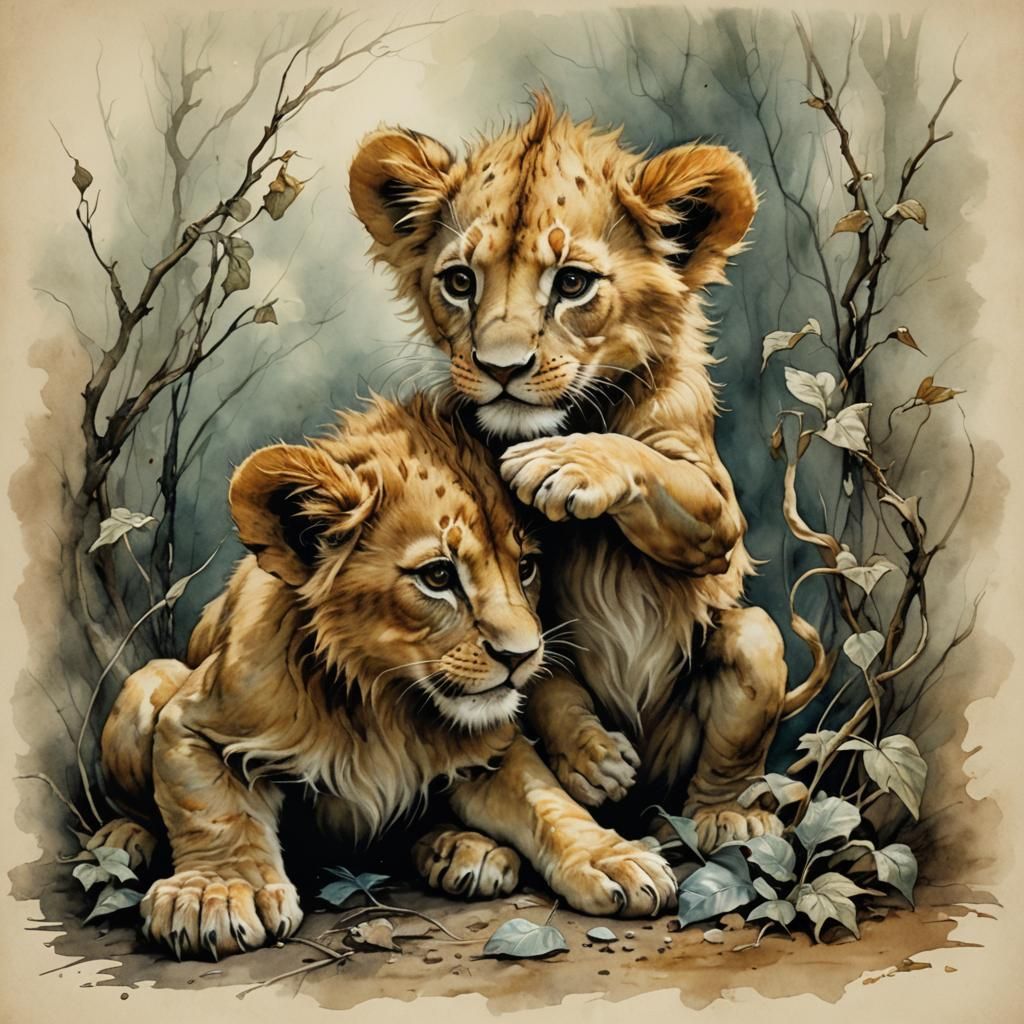 two cute little lion cubs playing