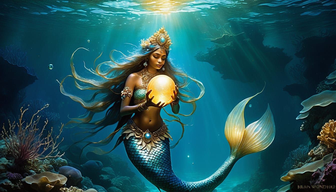 Indian Mermaid Queen in Reef, Fantasy Art