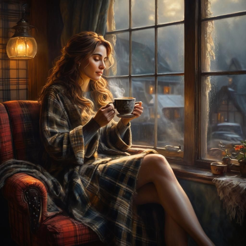 Girl with Coffee in Cozy Chair: Oil Painting