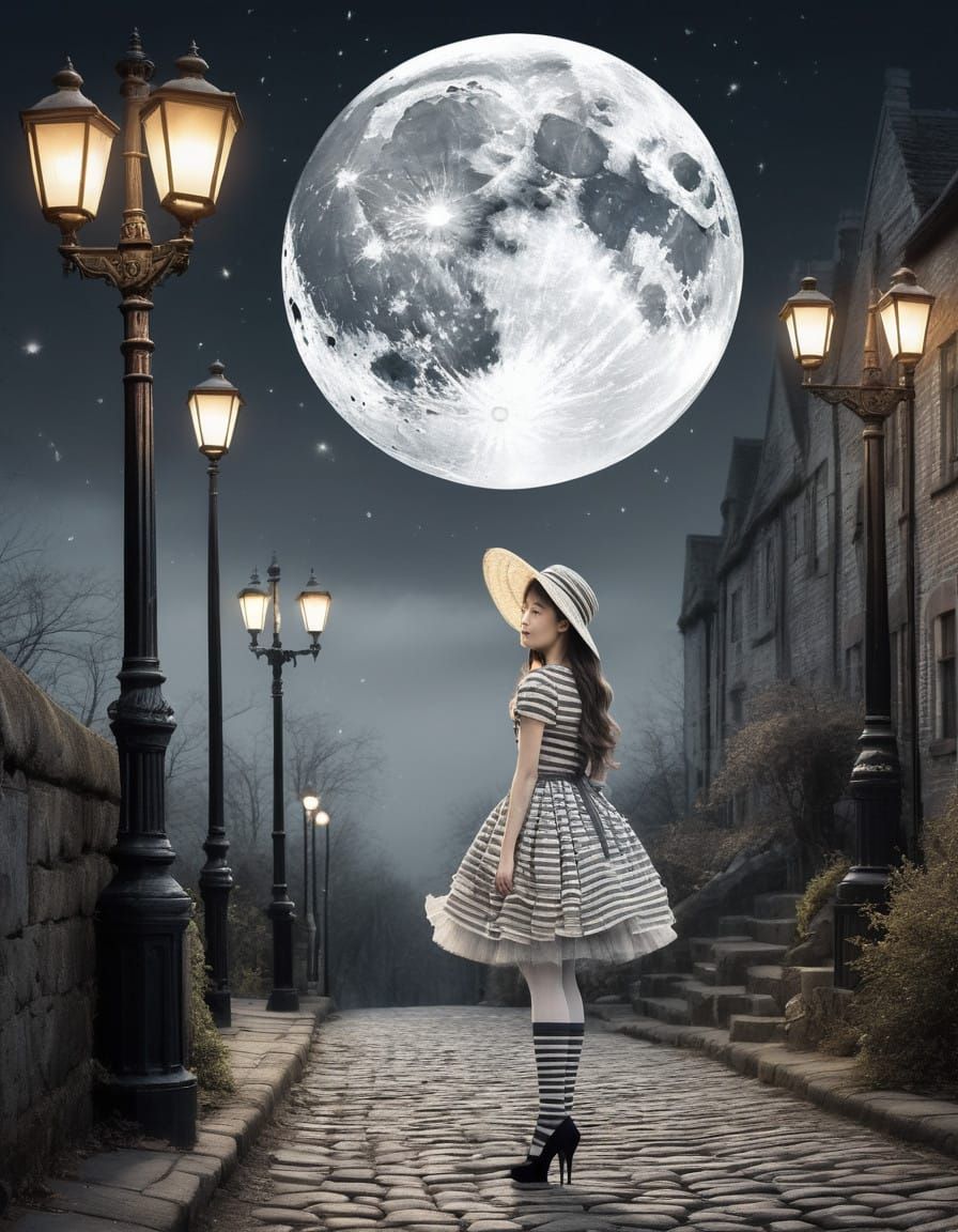Whimsical Scene of a Young Girl and a Smiling Moon in a Vint...