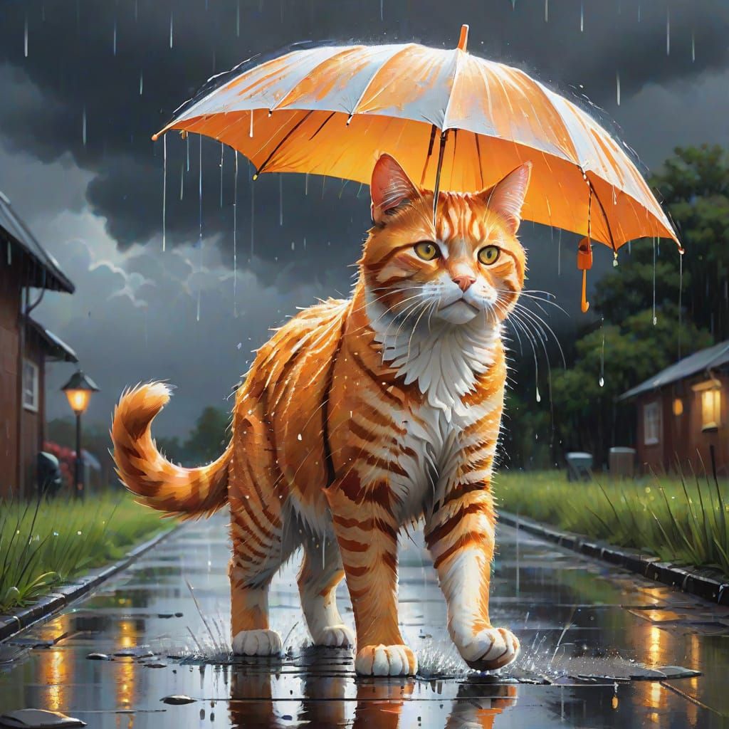 Vibrant Orange Cat in the Rain, Carrying an Umbrella