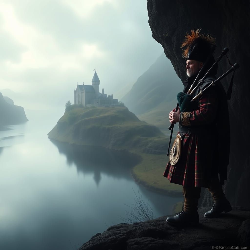 Bagpiper on Misty Loch in Style of Landscape Painting