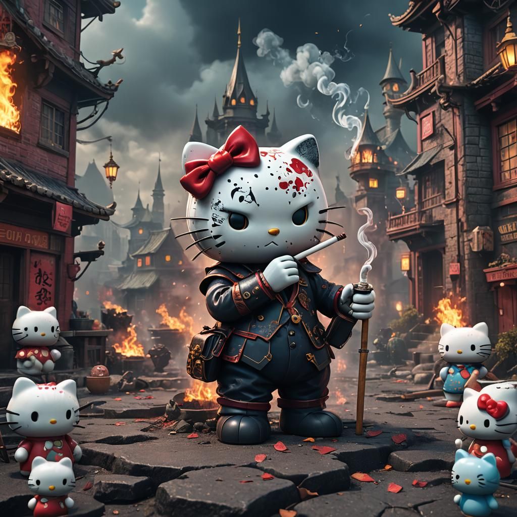 evil hello kitty smoking a cigarette
