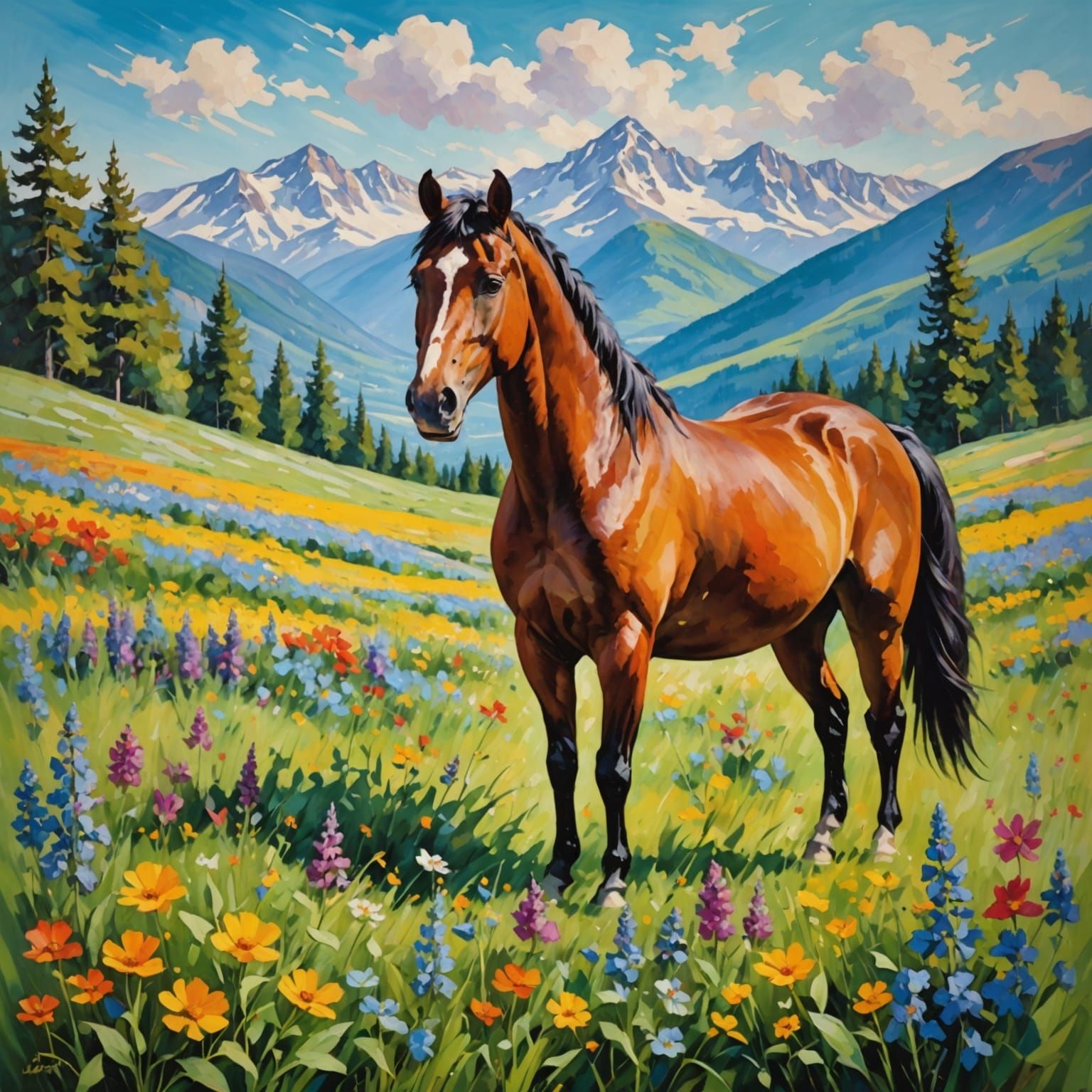 Horse in Vibrant Spring Meadow Landscape