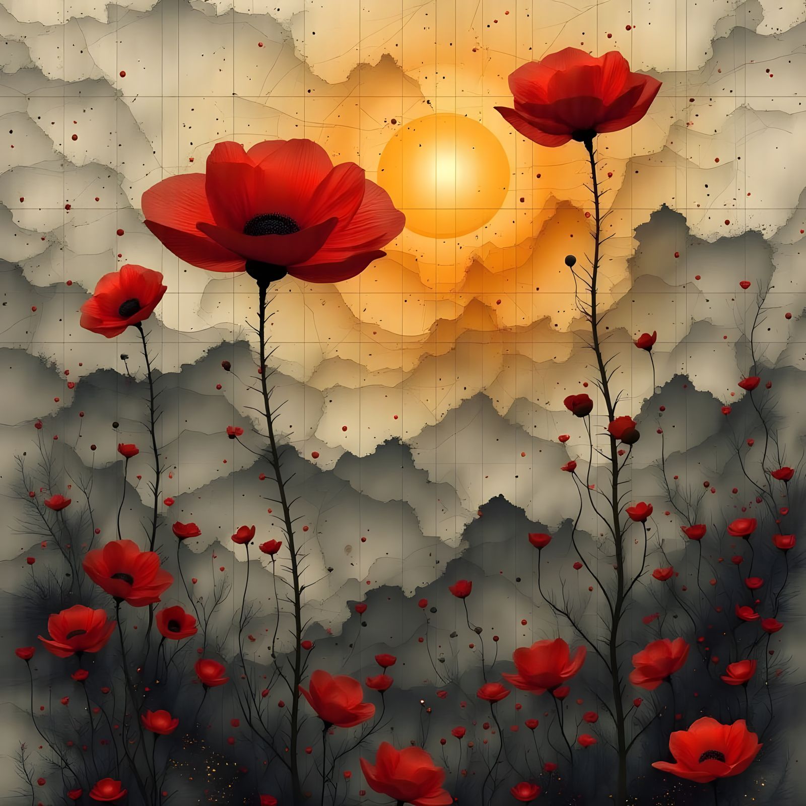 Poppy of Hope on Faded Map at Sunrise