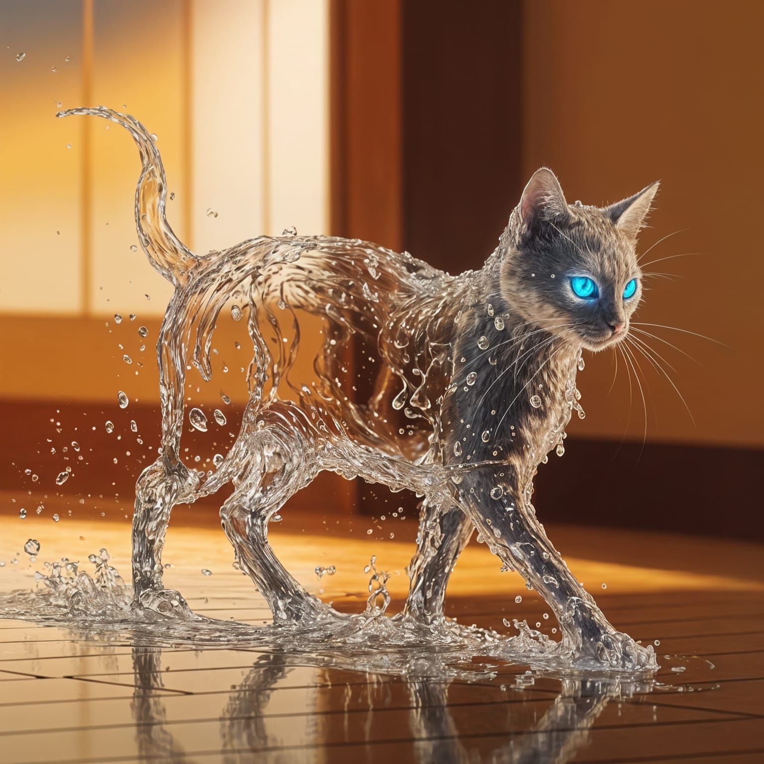 Ethereal Water Cat in Warmly Lit Room