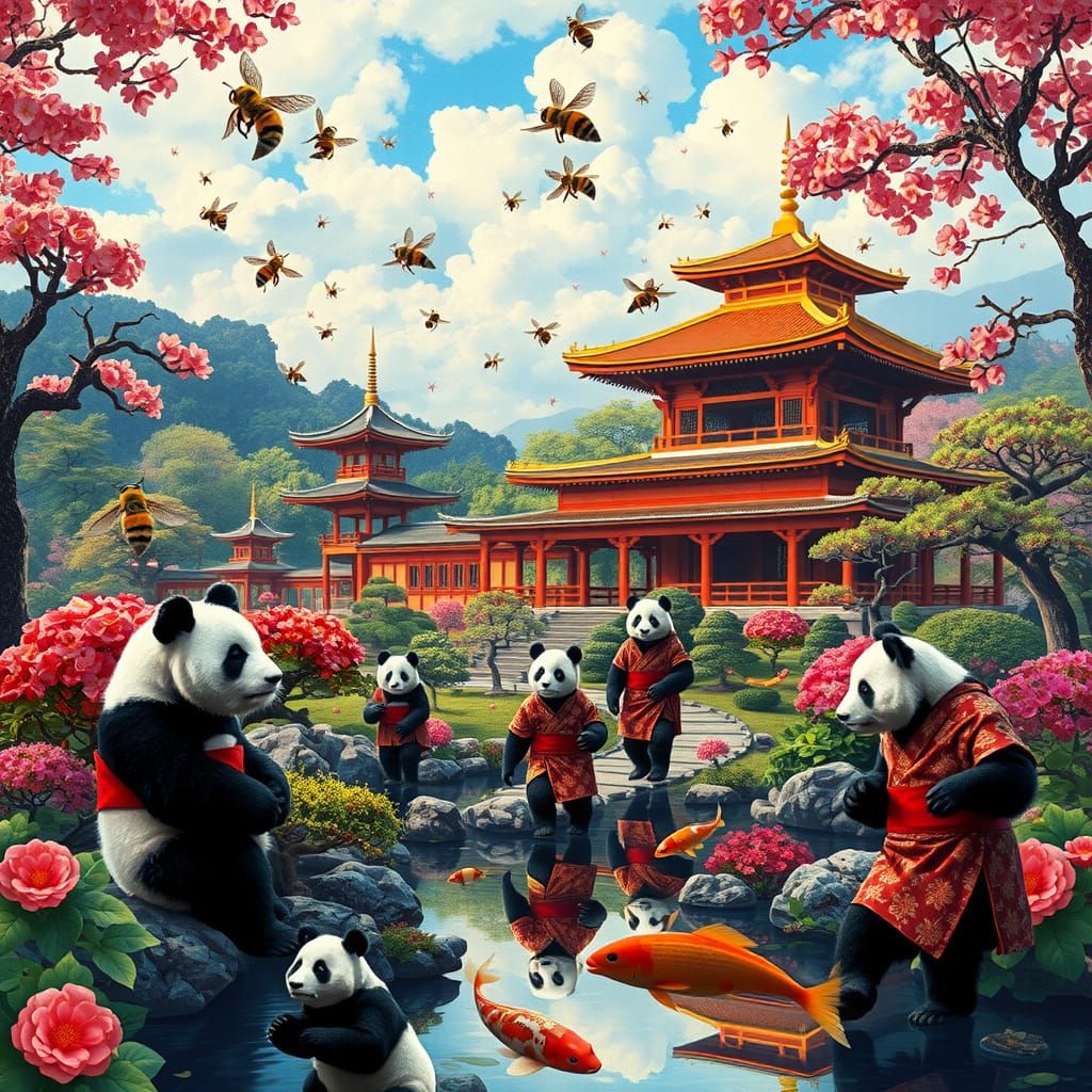 Vibrant Japanese Garden in Dreamlike Pointillist Style