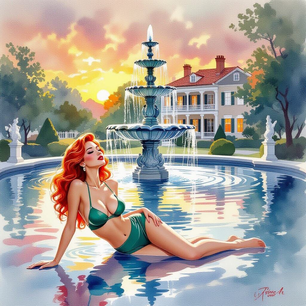Marble Fountain with Pin-Up, Watercolor Impressionism