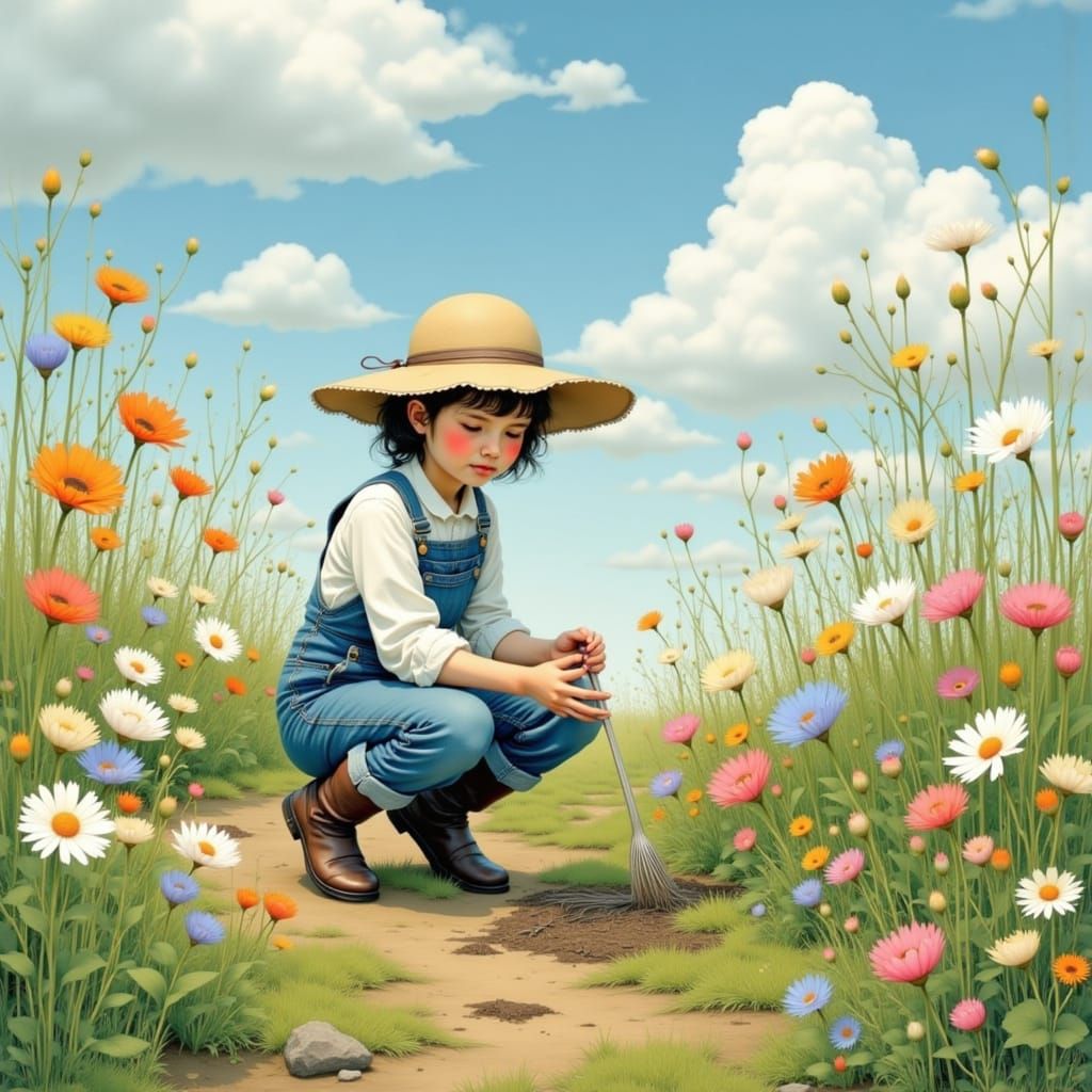 Impressionistic Garden Scene with Girl in Overalls