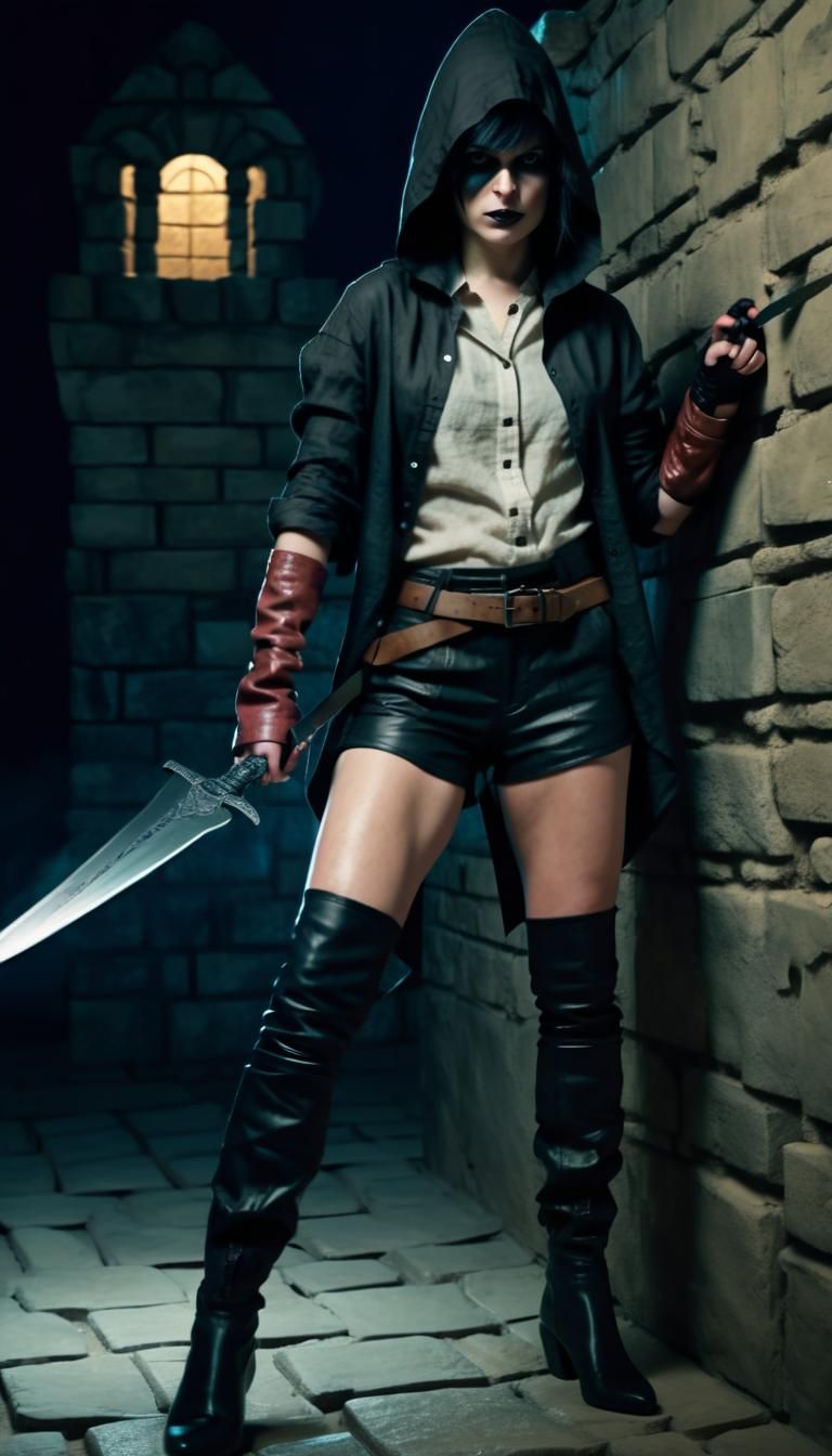 Female Assassin with Dagger at Night