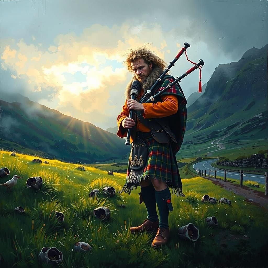 Highland Bagpiper in Dawn Mist: An Impasto Painting