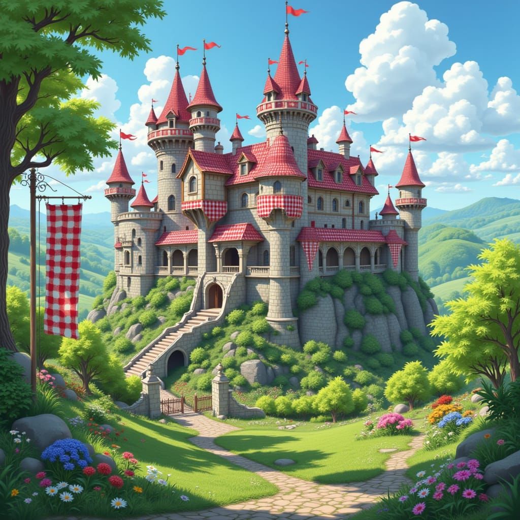 Gingham Banners Fly Over Stone Medieval Castle