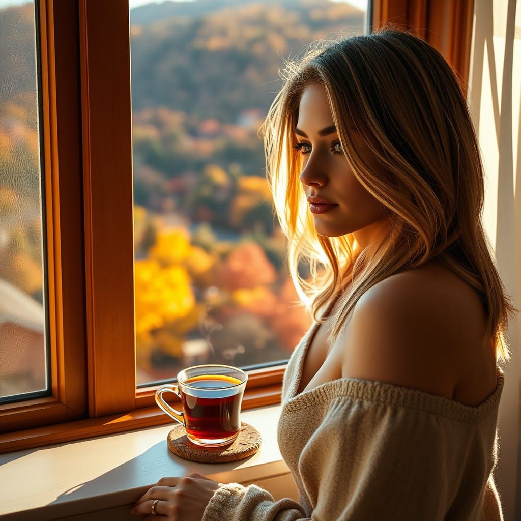 Realistic Woman Enjoys Autumn View with Tea