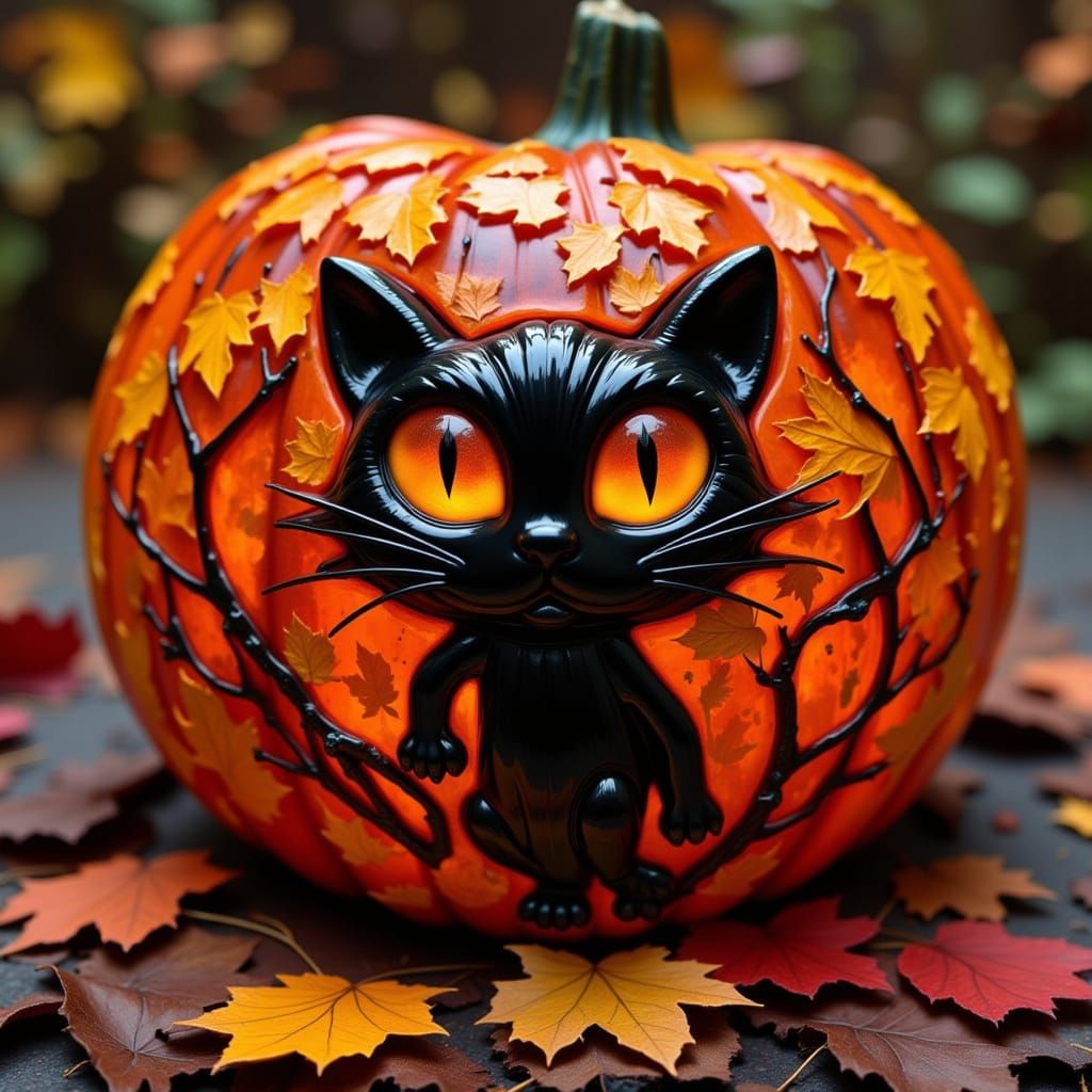 Whimsical Cat Pumpkin with Big Eyes in Halloween Style