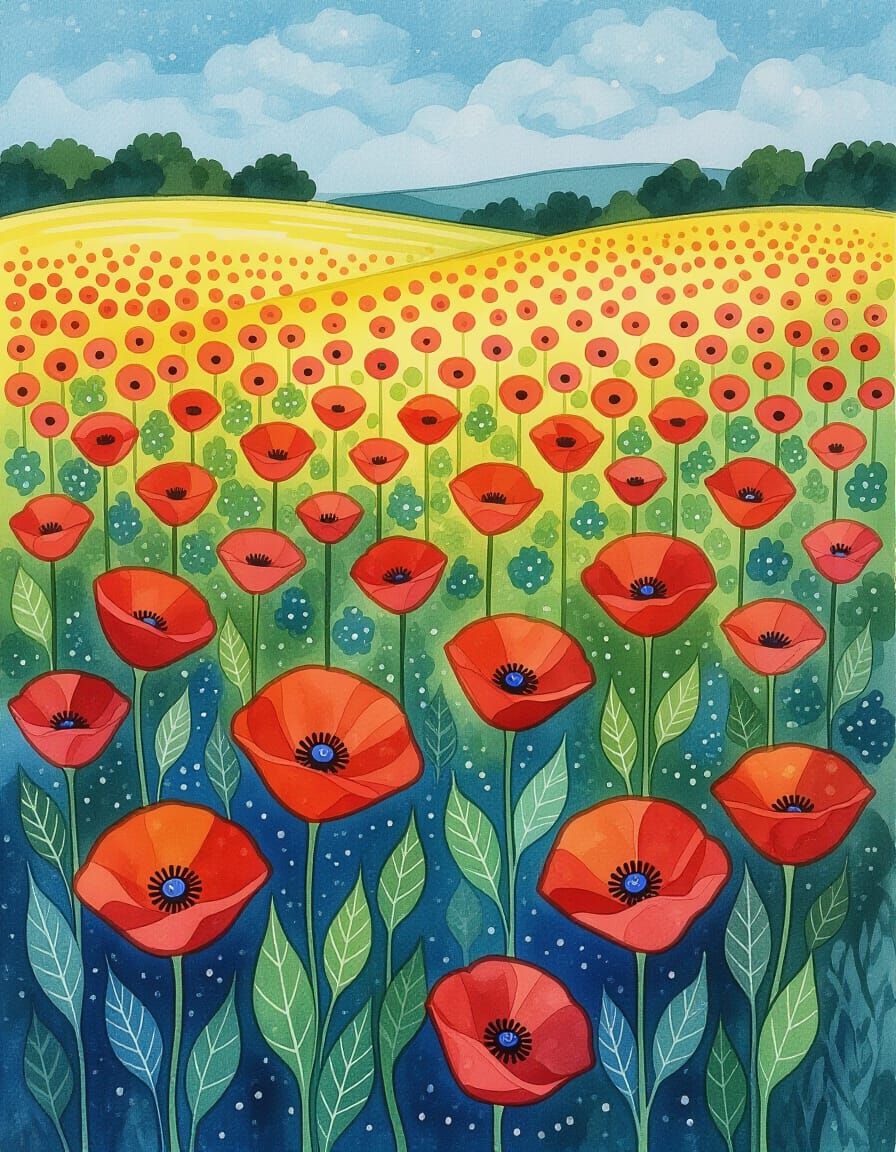 Bioluminescent Folklore Fantasy Poppy Fields in Watercolor