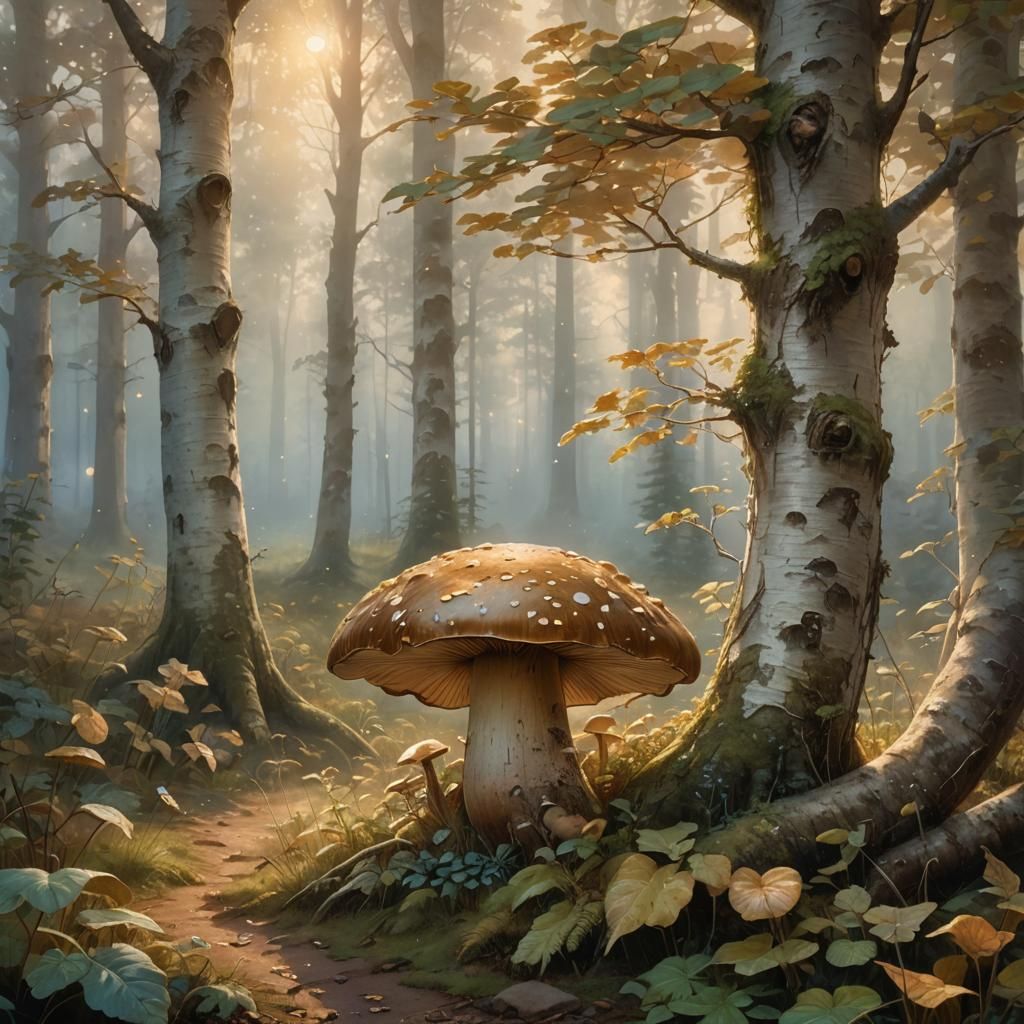 Boletus Mushroom in Forest Clearing at Dawn