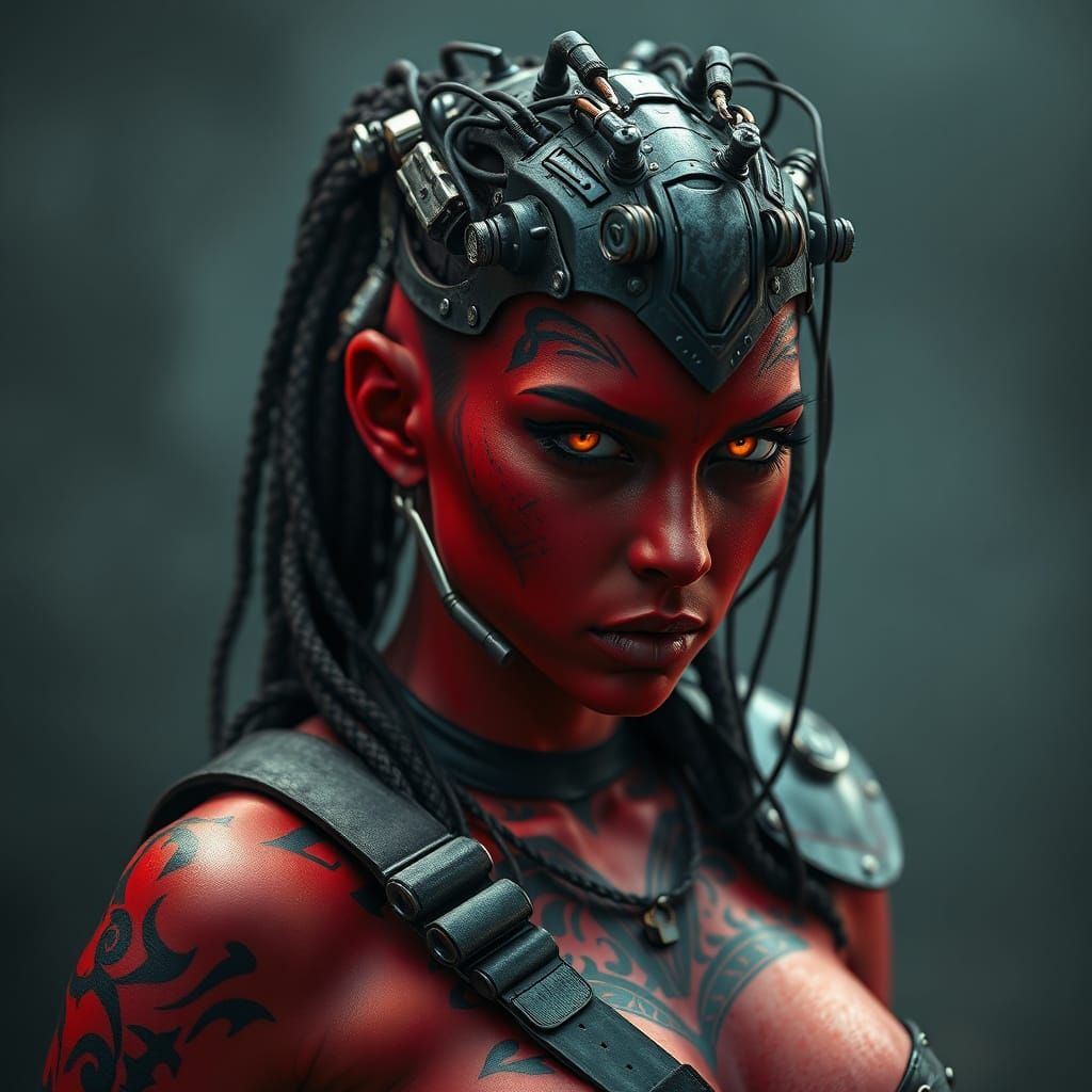 Cyberpunk Warrior Woman with Biomechanical Headpiece