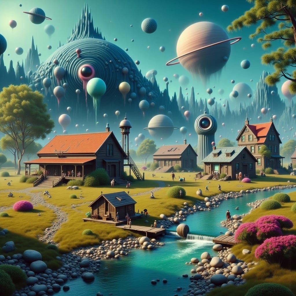 Alien Homestead: Detailed Matte Painting of Simple Life