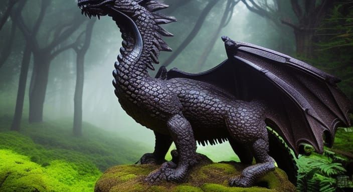 Mystical Stone Dragon Statue in Misty Forest, Anime Style